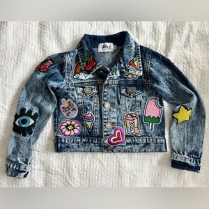 Lola + The Boys Distressed Blue Denim Jacket with Colorful Patchwork